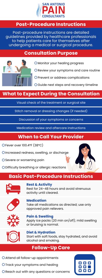 At San Antonio Pain Consultants, your care doesn’t end after the procedure. Dr. Darius Zagunis M.D., and our team are committed to guiding you through a smooth and safe recovery process. We provide personalized support to help manage discomfort and monitor healing. Post-procedure instruction consultations are available at San Antonio Pain Consultants to make your recovery quick. For more information, contact us or schedule an appointment online. We are located at 3903 Wiseman Blvd, Ste 117, San Antonio, TX 78251. We serve patients from San Antonio TX, Helotes TX, Alamo Ranch TX, Balcones Heights TX, Fair Oaks TX, Fair Oaks Ranch TX, Leon Valley TX, Shavano Park TX, Castroville TX, and surrounding areas. At San Antonio Pain Consultants, your care doesn’t end after the procedure. Dr. Darius Zagunis M.D., and our team are committed to guiding you through a smooth and safe recovery process. We provide personalized support to help manage discomfort and monitor healing. Post-procedure instruction consultations are available at San Antonio Pain Consultants to make your recovery quick. For more information, contact us or schedule an appointment online. We are located at 3903 Wiseman Blvd, Ste 117, San Antonio, TX 78251. We serve patients from San Antonio TX, Helotes TX, Alamo Ranch TX, Balcones Heights TX, Fair Oaks TX, Fair Oaks Ranch TX, Leon Valley TX, Shavano Park TX, Castroville TX, and surrounding areas.Post Procedure Instruction consultations are available at San Antonio Pain Consultants P.A. to make your recovery quick. For more information, contact us or schedule an appointment online. We are located at 3903 Wiseman Blvd, Ste 117, San Antonio, TX 78251. We serve patients from San Antonio TX, Helotes TX, Alamo Ranch TX, Balcones Heights TX, Fair Oaks TX, Fair Oaks Ranch TX, Leon Valley TX, Shavano Park TX, Castroville TX, and surrounding areas.