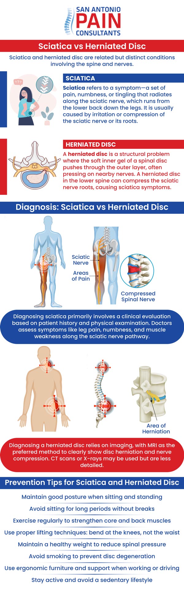 Sciatica and herniated discs are closely related but have distinct differences in symptoms and causes. Sciatica often results from a herniated disc compressing the sciatic nerve, causing pain radiating down the leg. Dr. Darius Zagunis M.D. provides expert diagnosis and treatment for both conditions, helping patients understand their unique situation and offering effective solutions to relieve pain and improve mobility. Early evaluation is crucial for optimal recovery. For more information, contact us or schedule an appointment online. We are at 3903 Wiseman Blvd, Ste 117, San Antonio, TX 78251. Sciatica and herniated discs are closely related but have distinct differences in symptoms and causes. Sciatica often results from a herniated disc compressing the sciatic nerve, causing pain radiating down the leg. Dr. Darius Zagunis M.D. provides expert diagnosis and treatment for both conditions, helping patients understand their unique situation and offering effective solutions to relieve pain and improve mobility. Early evaluation is crucial for optimal recovery. For more information, contact us or schedule an appointment online. We are at 3903 Wiseman Blvd, Ste 117, San Antonio, TX 78251.