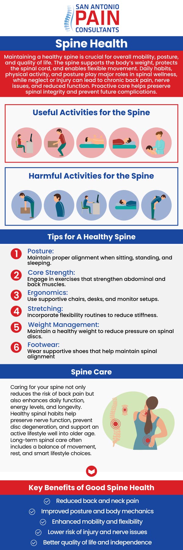 Proper spine function is essential for maintaining balance, posture, and overall well-being. Whether you’re dealing with stiffness, discomfort, or mobility challenges, restoring spinal alignment can significantly improve your quality of life. At San Antonio Pain Consultants P.A., board-certified Dr. Darius Zagunis, M.D., provides comprehensive care to help optimize spine function, reduce pain, and enhance movement. Through personalized treatment options, we aim to support your spine’s natural ability to function at its best. For more information, contact us or schedule an appointment online. We are located at 3903 Wiseman Blvd, Ste 117, San Antonio, TX 78251. Proper spine function is essential for maintaining balance, posture, and overall well-being. Whether you’re dealing with stiffness, discomfort, or mobility challenges, restoring spinal alignment can significantly improve your quality of life. At San Antonio Pain Consultants P.A., board-certified Dr. Darius Zagunis, M.D., provides comprehensive care to help optimize spine function, reduce pain, and enhance movement. Through personalized treatment options, we aim to support your spine’s natural ability to function at its best. For more information, contact us or schedule an appointment online. We are located at 3903 Wiseman Blvd, Ste 117, San Antonio, TX 78251.