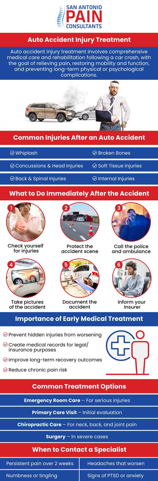 At San Antonio Pain Consultants, we understand that auto accidents can have lasting effects on your body. Whether it’s a minor fender bender or a more serious collision, the aftermath of an accident often involves a range of physical injuries that can lead to chronic pain if left untreated. Pain management plays a vital role in restoring function, improving quality of life, and helping patients return to their normal routine. Our comprehensive pain management services are designed to address every aspect of auto accident injuries, from the initial impact to long-term recovery. Under the expertise of Dr. Darius Zagunis, M.D., we are dedicated to providing the highest level of care. For more information, contact us or schedule an appointment online. We are located at 3903 Wiseman Blvd, Ste 117, San Antonio, TX 78251. At San Antonio Pain Consultants, we understand that auto accidents can have lasting effects on your body. Whether it’s a minor fender bender or a more serious collision, the aftermath of an accident often involves a range of physical injuries that can lead to chronic pain if left untreated. Pain management plays a vital role in restoring function, improving quality of life, and helping patients return to their normal routine. Our comprehensive pain management services are designed to address every aspect of auto accident injuries, from the initial impact to long-term recovery. Under the expertise of Dr. Darius Zagunis, M.D., we are dedicated to providing the highest level of care. For more information, contact us or schedule an appointment online. We are located at 3903 Wiseman Blvd, Ste 117, San Antonio, TX 78251.