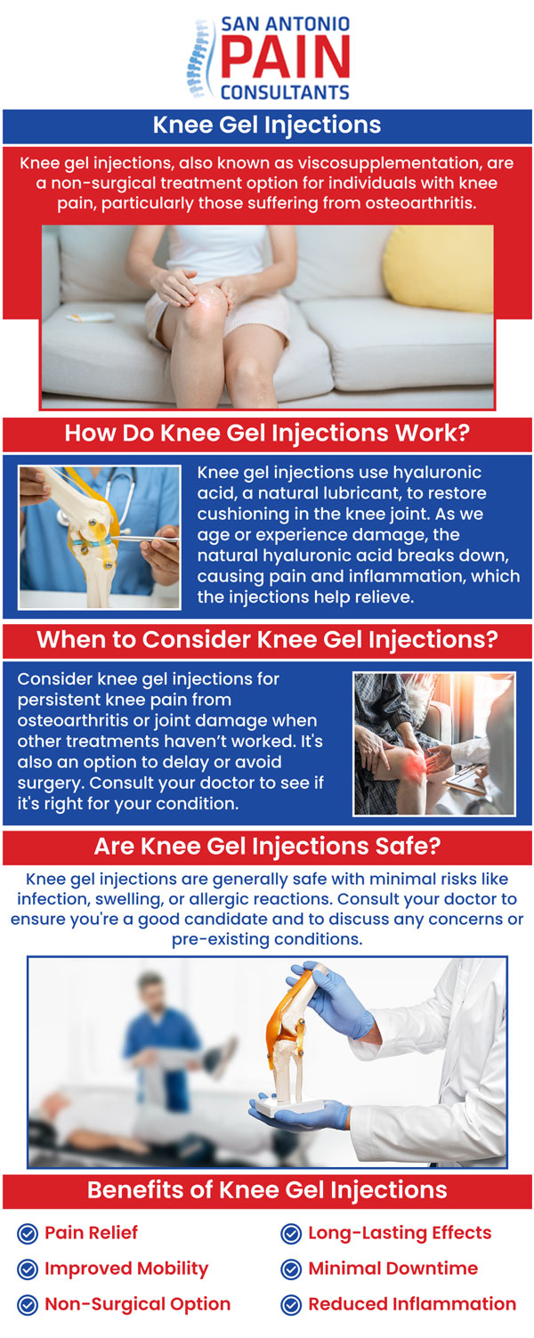 Wondering if a knee gel injection is the right solution for your chronic knee pain? At San Antonio Pain Consultants, Dr. Darius Zagunis, M.D.,  specializes in creating personalized treatment plans. This non-surgical therapy is often a highly effective option for patients suffering from knee osteoarthritis who want to avoid surgery. The goal is to lubricate the joint, reduce debilitating pain, and restore your active lifestyle. For more information, contact us or schedule an appointment online. We are located at 3903 Wiseman Blvd, Ste 117, San Antonio, TX 78251.