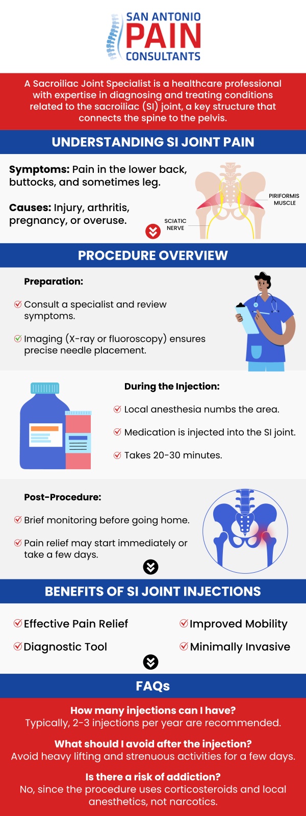 Sacroiliitis is typically caused by inflammation of the sacroiliac joints, often resulting from conditions like arthritis, injury, or infections. Factors such as autoimmune diseases, like ankylosing spondylitis, and trauma to the lower back or pelvis can also contribute to the development of sacroiliitis. While it may begin as mild discomfort, untreated sacroiliitis can lead to chronic pain and mobility issues. At San Antonio Pain Consultants, Dr. Darius Zagunis, M.D., helps patients understand the root causes of their sacroiliitis and helps reduce the severity and improve the quality of life. For more information, contact us or schedule an appointment online. We are located at 3903 Wiseman Blvd, Ste 117, San Antonio, TX 78251. Sacroiliitis is typically caused by inflammation of the sacroiliac joints, often resulting from conditions like arthritis, injury, or infections. Factors such as autoimmune diseases, like ankylosing spondylitis, and trauma to the lower back or pelvis can also contribute to the development of sacroiliitis. While it may begin as mild discomfort, untreated sacroiliitis can lead to chronic pain and mobility issues. At San Antonio Pain Consultants, Dr. Darius Zagunis, M.D., helps patients understand the root causes of their sacroiliitis and helps reduce the severity and improve the quality of life. For more information, contact us or schedule an appointment online. We are located at 3903 Wiseman Blvd, Ste 117, San Antonio, TX 78251.