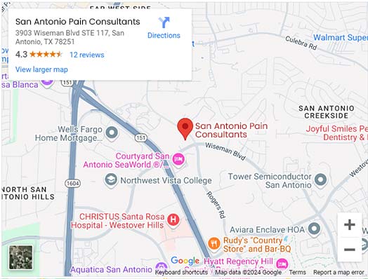 Directions to San Antonio Pain Consultants P.A. in San Antonio, TX on 3903 Wiseman Blvd. Directions to San Antonio Pain Consultants P.A. in San Antonio, TX on 3903 Wiseman Blvd.